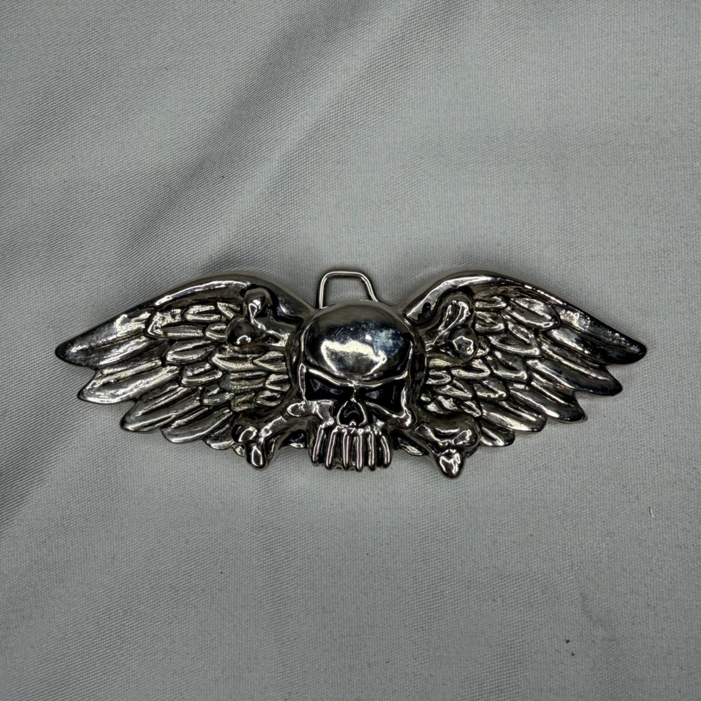 VTG 1990s Silver Skull and Crossbones Winged Belt Buckle Biker Gothic Metal LG